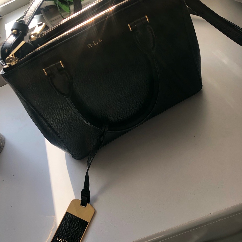 Black Textured Satchel with Gold Hardware